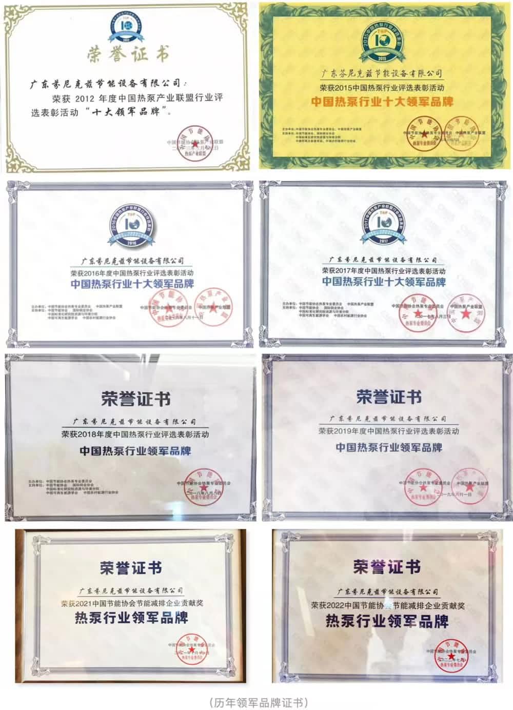 芬尼历届中国热泵行业领军品牌证书